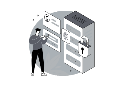 Zu sehen ist ein gezeichnetes Schwarz-weiß Bild eines Menschen vor einem Server mit verschiedenen Icons rund um IT-Sicherheit, wie einer Verschlüsselung und einer 2FA