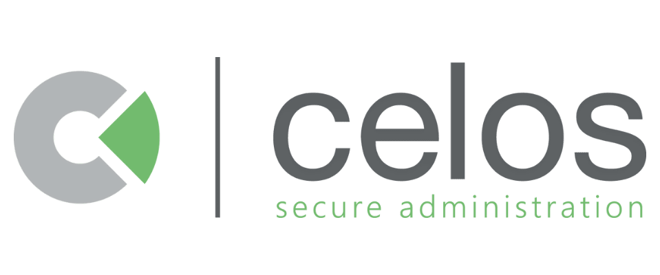 Zu sehen ist das Logo der Celos Computer GmbH mit dem Slogan secure administration. Links vom Schriftzug ist ein graues "C" mit einem grünen Pfeil abgebildet.